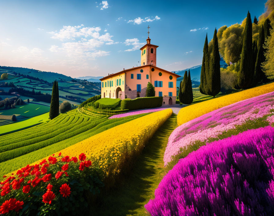 Colorful Villa Surrounded by Lush Gardens and Blooming Flowers