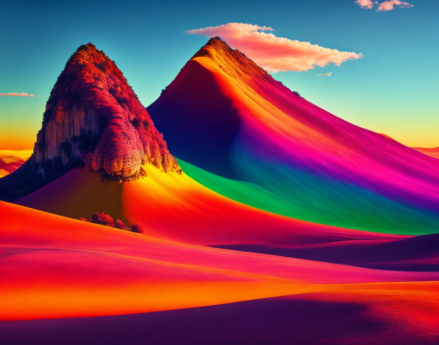 Vibrant multicolored mountains with surreal sandscape and cloud-capped sky