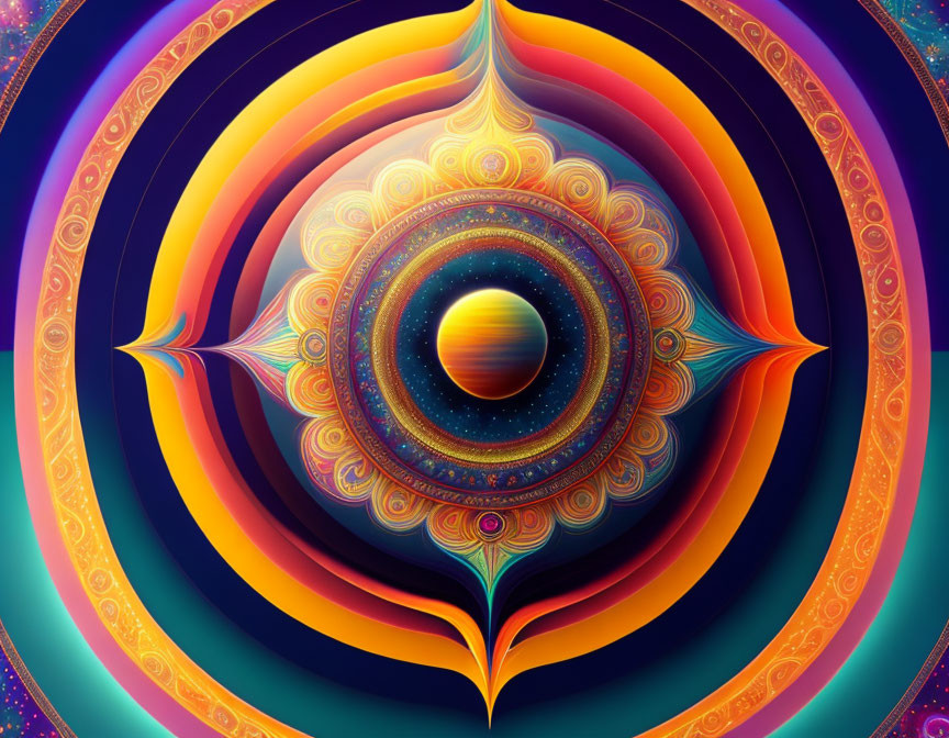 Colorful Symmetrical Sphere Artwork with Intricate Patterns