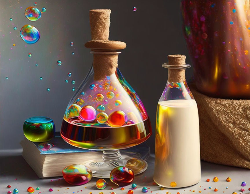 Colorful Still Life with Glass Flask, Marbles, Milk Bottle, and Book