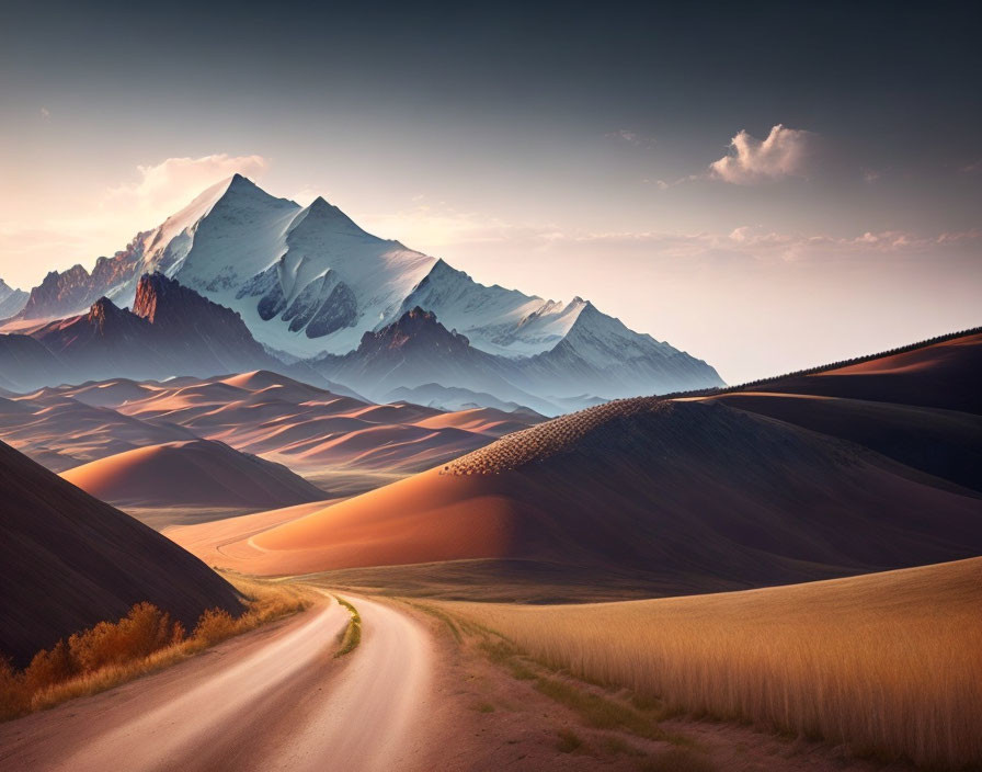 Scenic desert road with sand dunes and snow-capped mountains at sunset