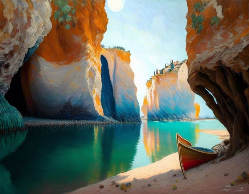 Scenic painting of river, cliffs, tree, and boat