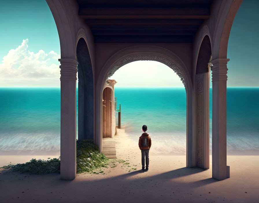 Person standing at ornate doorway overlooking serene beach