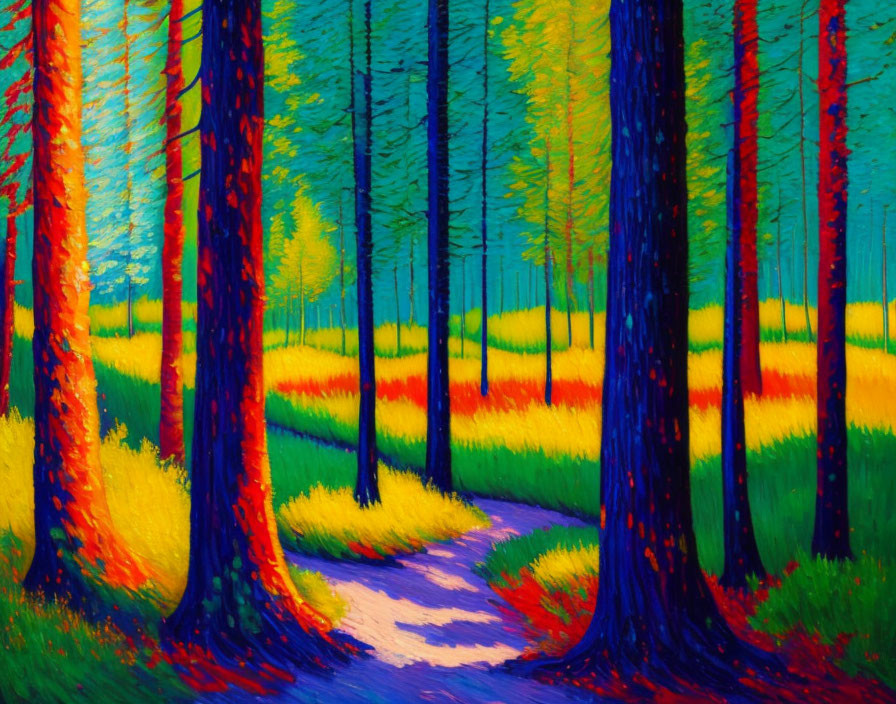 Colorful Impressionistic Forest Pathway Painting with Bright Foliage