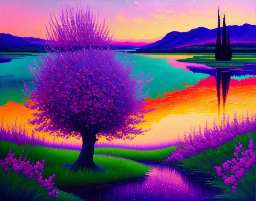 Colorful landscape painting: purple blossoming tree, reflective water, pink flowers, sunset sky