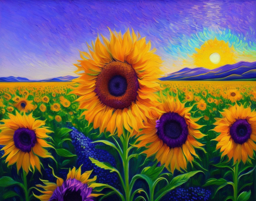 Sunflower Field Painting: Sunset Scene with Rich Blues and Purples