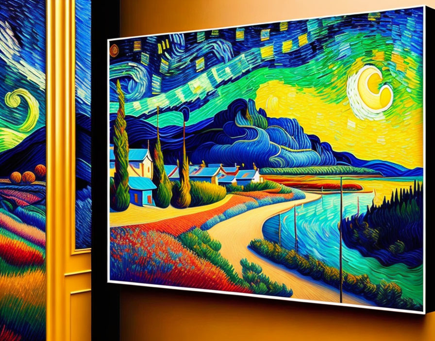 Starry Night Painting with Crescent Moon and Serene Village Displayed in Room