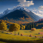 Vibrant autumn landscape: orange trees, winding road, snow-capped mountains