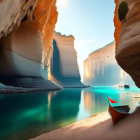 Scenic painting of river, cliffs, tree, and boat