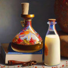 Colorful Still Life with Glass Flask, Marbles, Milk Bottle, and Book