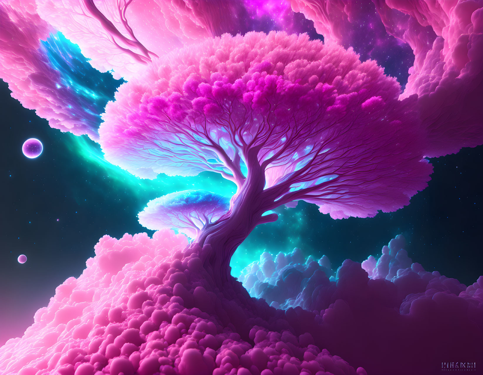 Colorful digital artwork of neon pink tree in cosmic setting