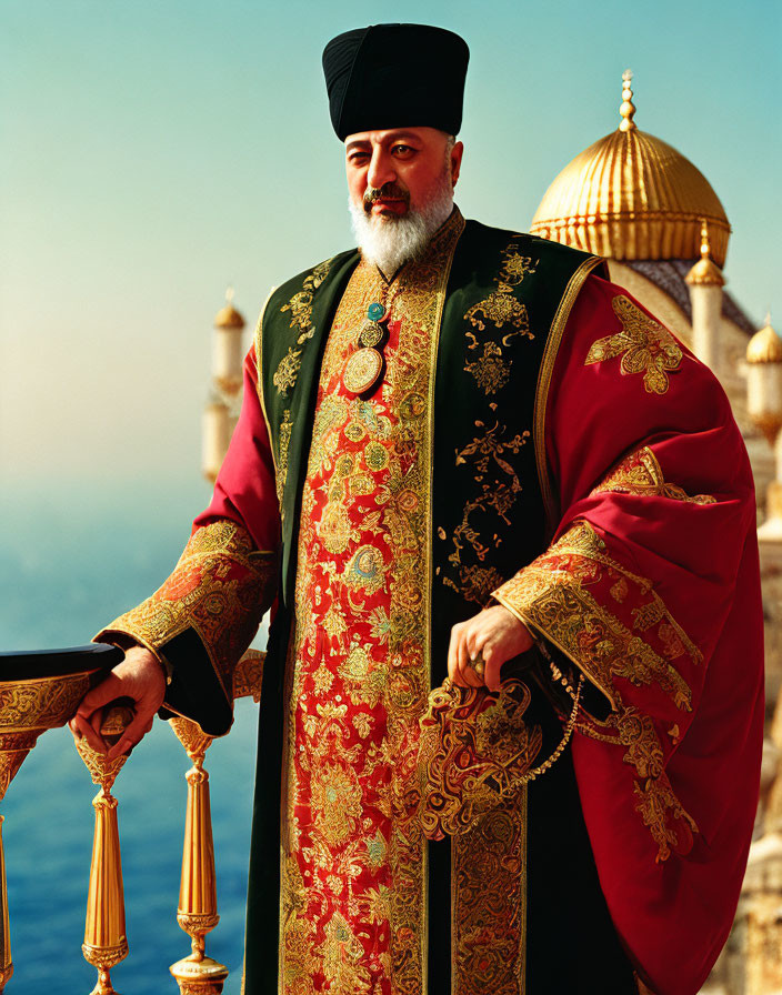 Ornate traditional Ottoman garments worn by man on balcony overlooking sea