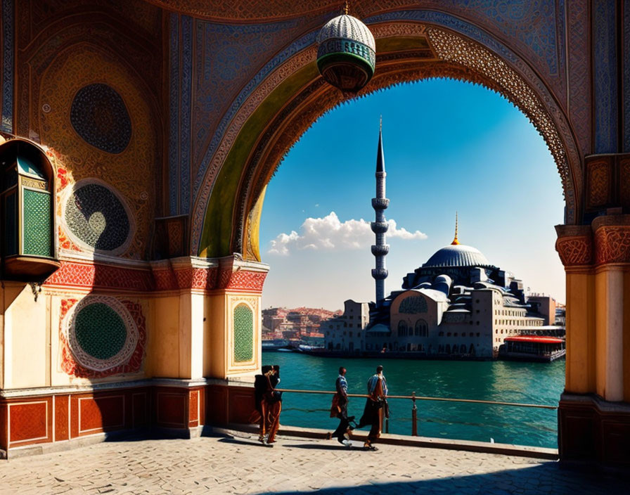 Ornate archway frames Sultanahmet Mosque in Istanbul by waterfront.