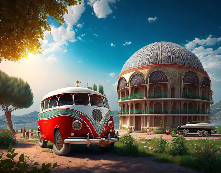 Vintage red bus and classic car parked in front of ornate dome building in lush setting.