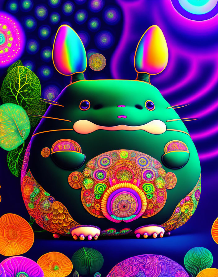 Colorful Psychedelic Creature with Rabbit Ears and Turtle Shell in Neon Flora