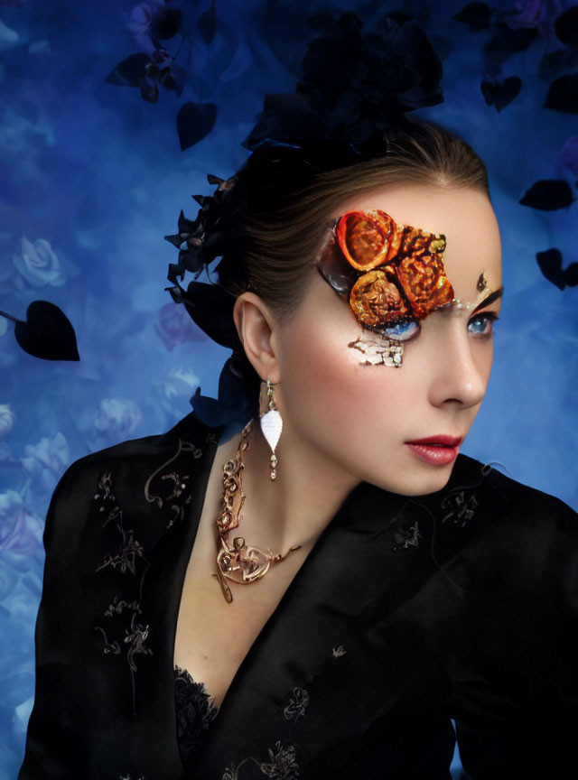 Woman with vibrant orange and gold makeup, jewelry, and floral headpiece on blue background