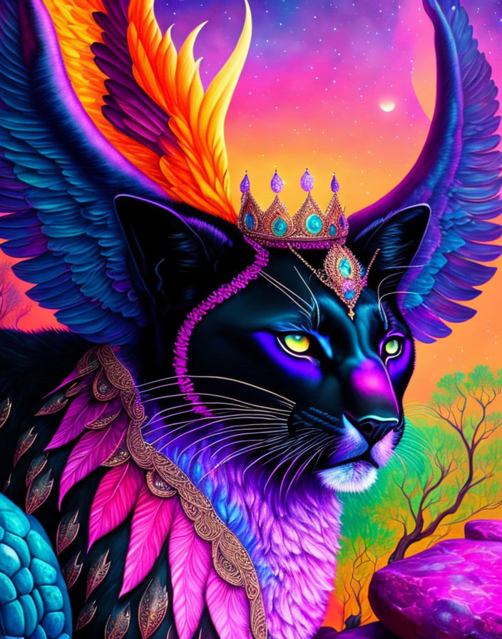 Majestic winged cat with crown in neon fantasy landscape