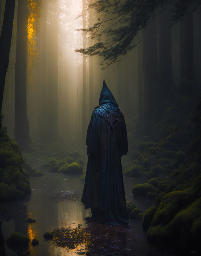 Mystical forest scene with cloaked figure and sunbeams