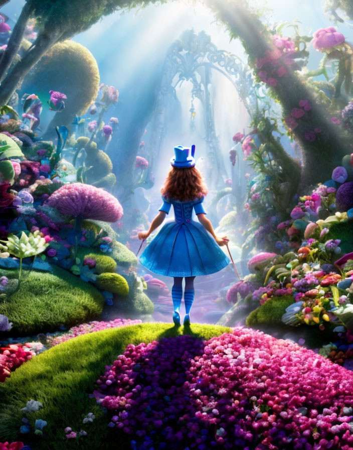 Young woman in blue dress and top hat at edge of vibrant, fantastical garden