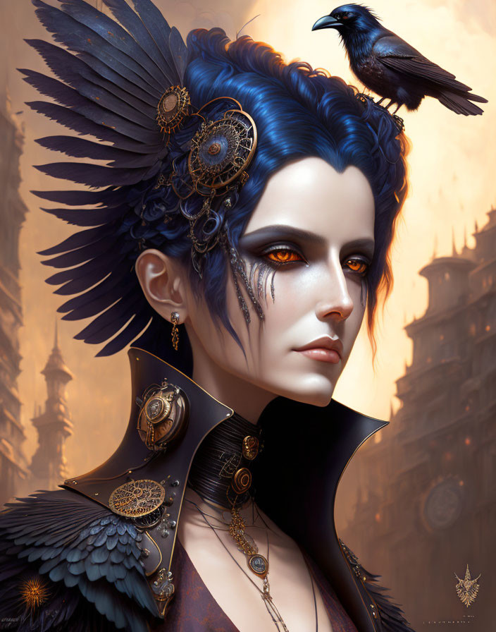 Illustration of person with blue hair, golden gear decorations, raven on shoulder, against architectural backdrop