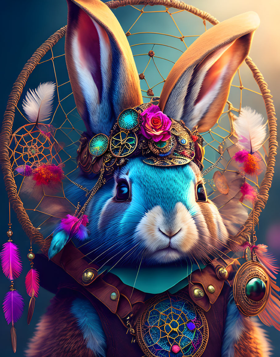 Blue rabbit with steampunk headpiece and dreamcatchers in moody setting