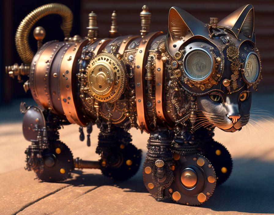 Steampunk-style mechanical cat with copper finish and clockwork features