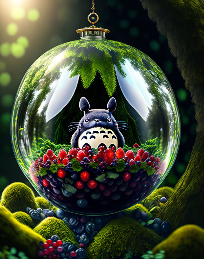 Totoro illustration in Christmas ornament with berries and foliage