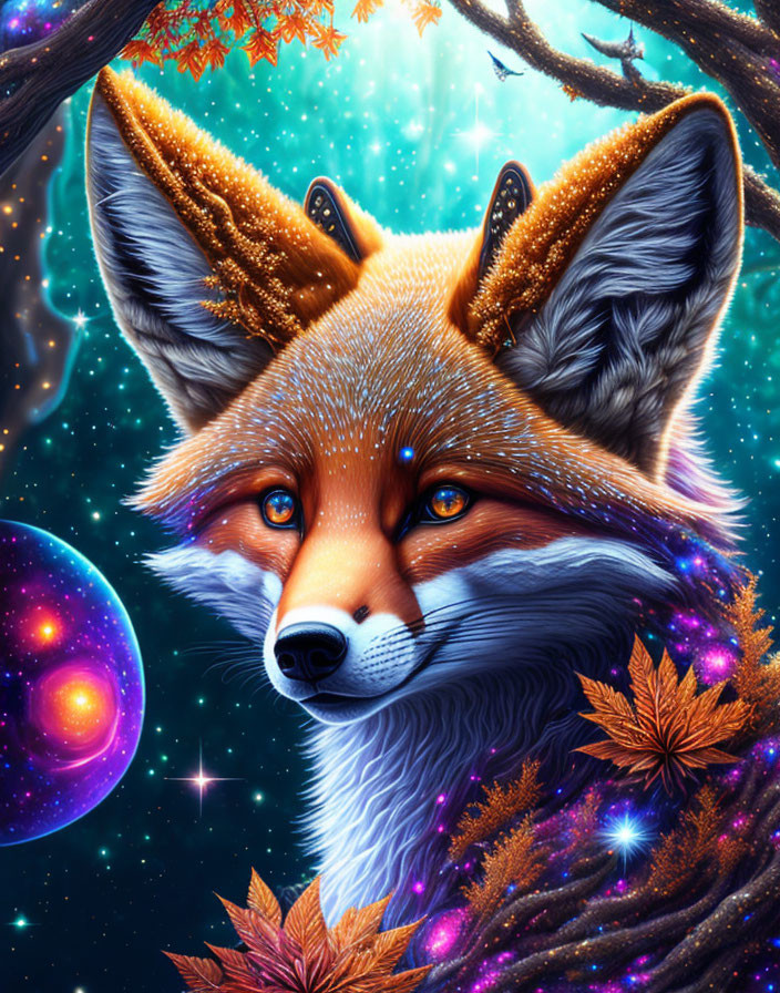 Colorful Fox Artwork in Enchanted Forest with Cosmic Background