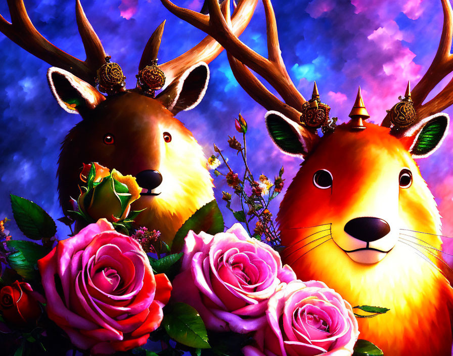 Colorful deer and roses in front of a purple sky.