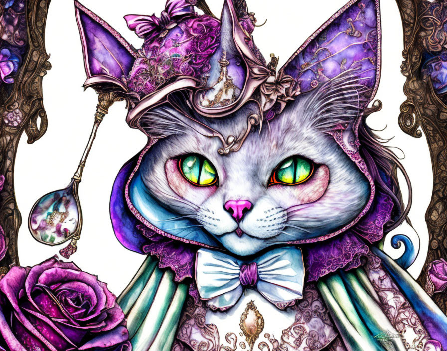 Whimsical cat illustration with green eyes, purple top hat, monocle, and bow tie among