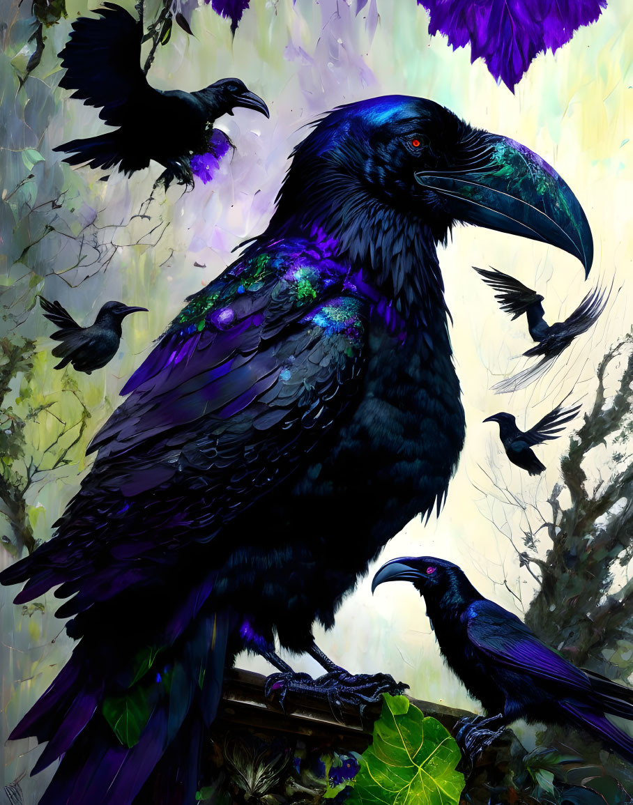 Detailed illustration of ravens with iridescent feathers in lush foliage.