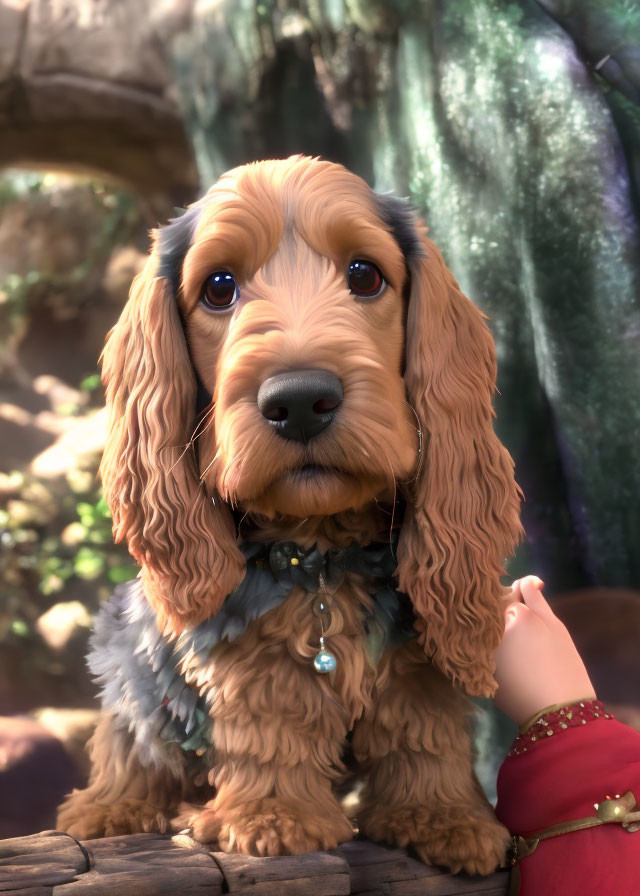 Brown and Blond Cocker Spaniel with Soulful Eyes and Blue Collar Being Petted