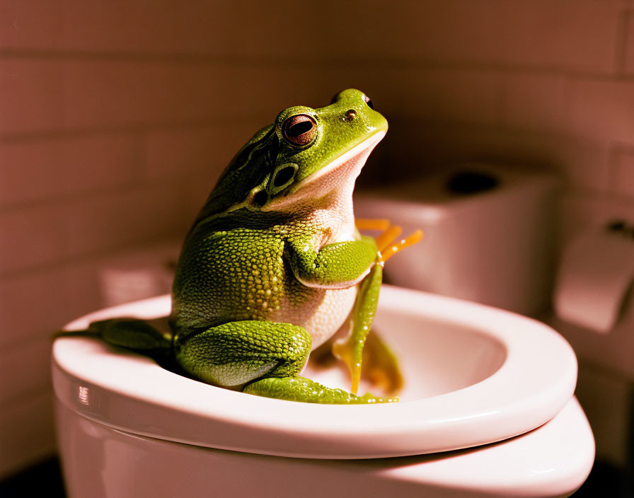 Green Frog on Open White Toilet Seat Against Pink-Tiled Background