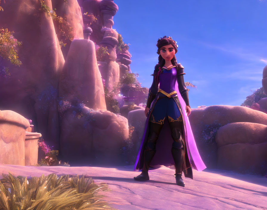 Animated female character in royal outfit in mystical landscape.