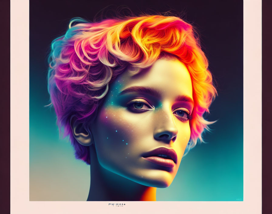 Vibrant rainbow hair and iridescent makeup on digital portrait