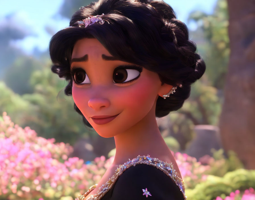 Dark-haired animated character in updo with floral dress and earrings on blurred background