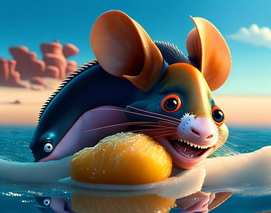 Anthropomorphic Mouse Swimming and Nibbling Cheese