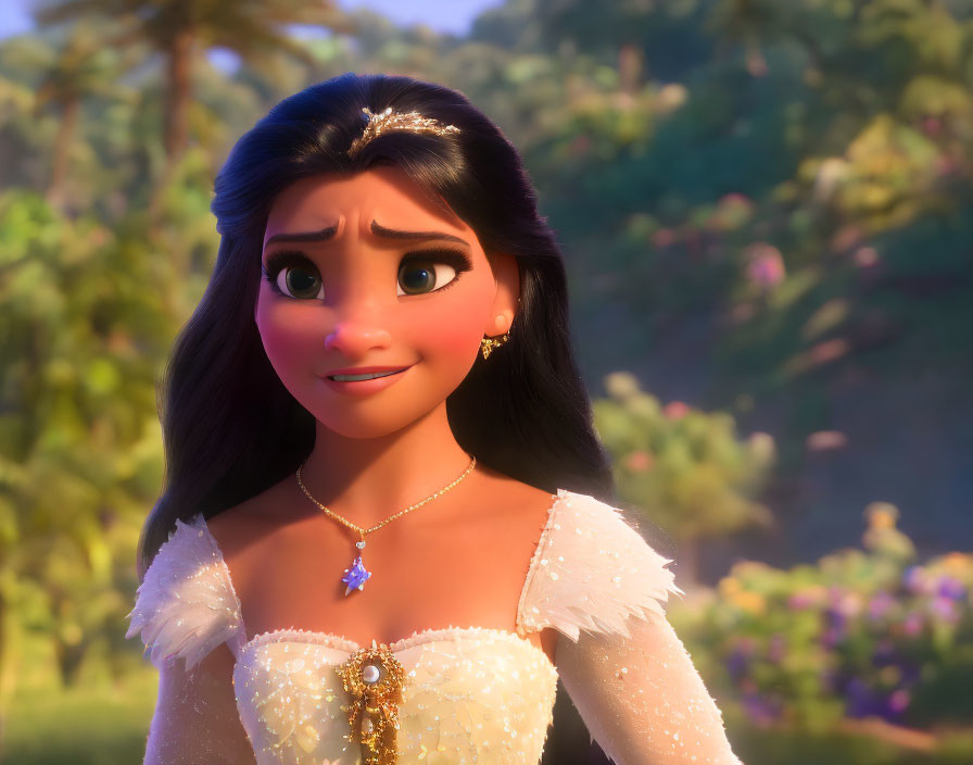 Long-haired 3D animated character in white dress and tiara on natural backdrop