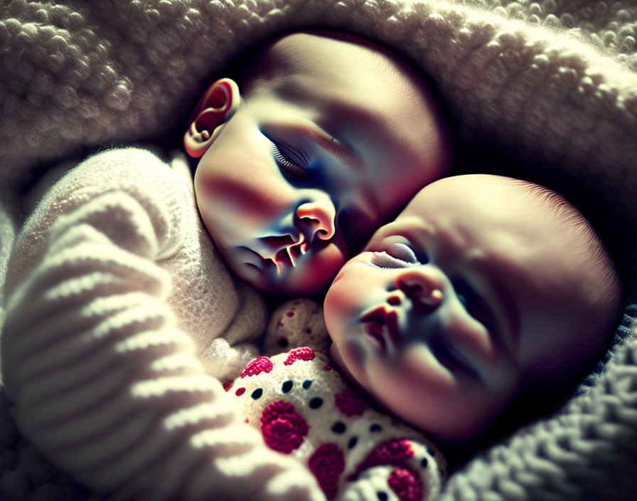 Two Sleeping Babies in White and Polka-Dot Outfits on Soft Background