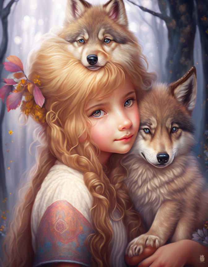 Curly Blonde Girl Embraced by Two Friendly Wolves in Enchanted Forest