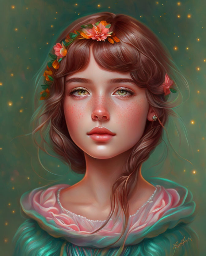 Young girl digital portrait with flowing hair, flowers, freckles, and green eyes on soft green