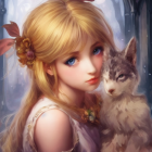 Curly Blonde Girl Embraced by Two Friendly Wolves in Enchanted Forest