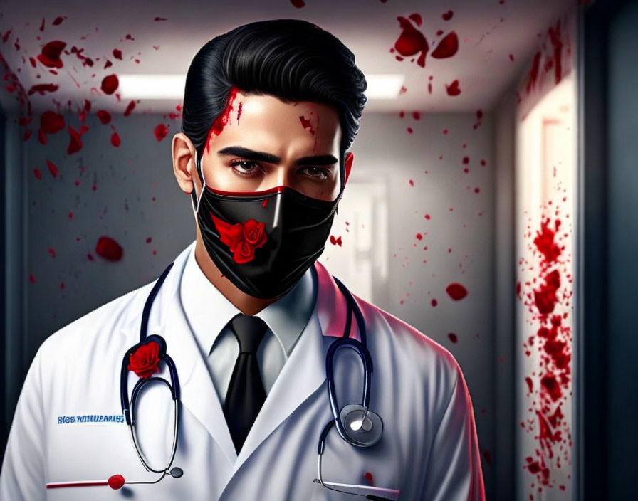 Medical professional in white coat with stethoscope and rose mask, blood splatters.