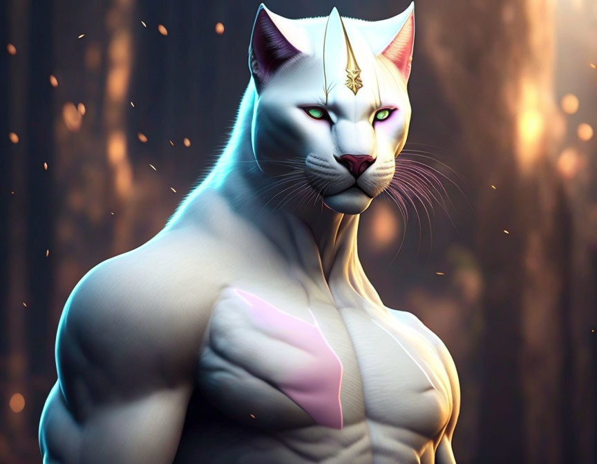 Muscular white cat with gold headpiece in forest with floating embers