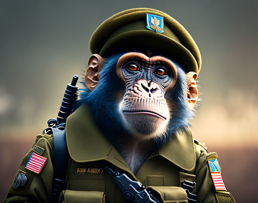 Digitally altered image of monkey in military uniform