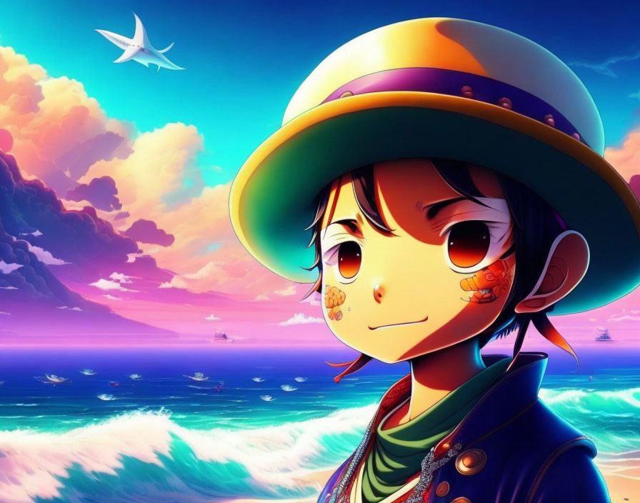 Colorful Hat Anime Character with Oceanic Sunset Background