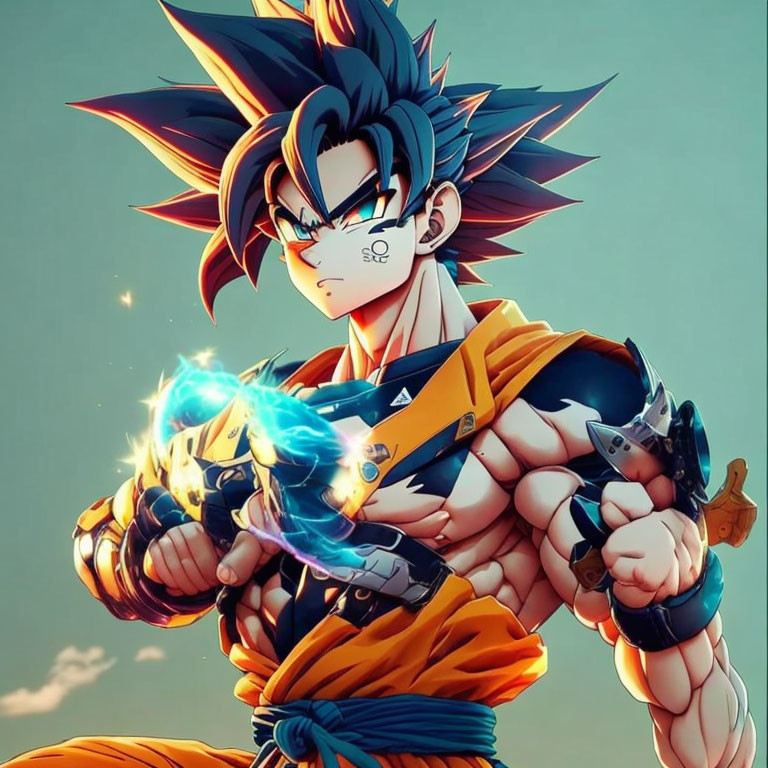 Spiky black hair animated character in martial arts outfit with blue energy ball against sky background