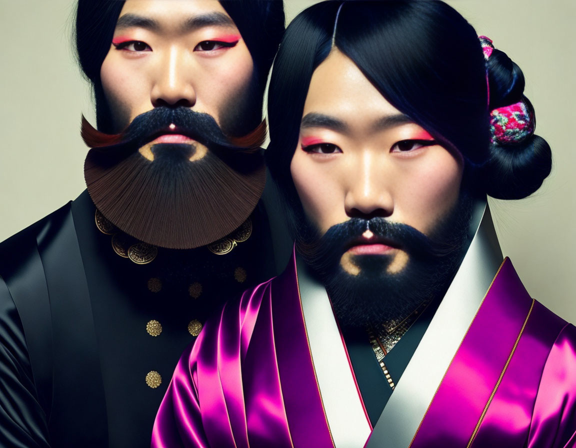 Two individuals with stylized makeup and beards in black and pink outfits against beige backdrop