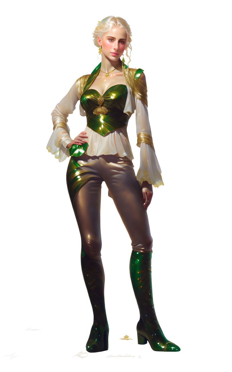 Fantasy digital art: Woman with short white hair in golden-green armor and sheer blouse