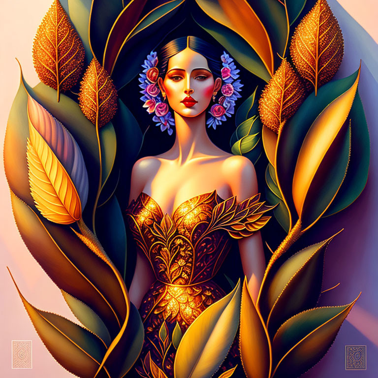 Illustration of woman with floral headdress and ornate dress among vibrant leaves